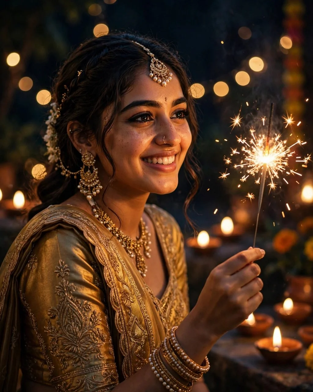 Hyper-Realistic Cinematic Diwali Portrait with Sparklers and Diyas