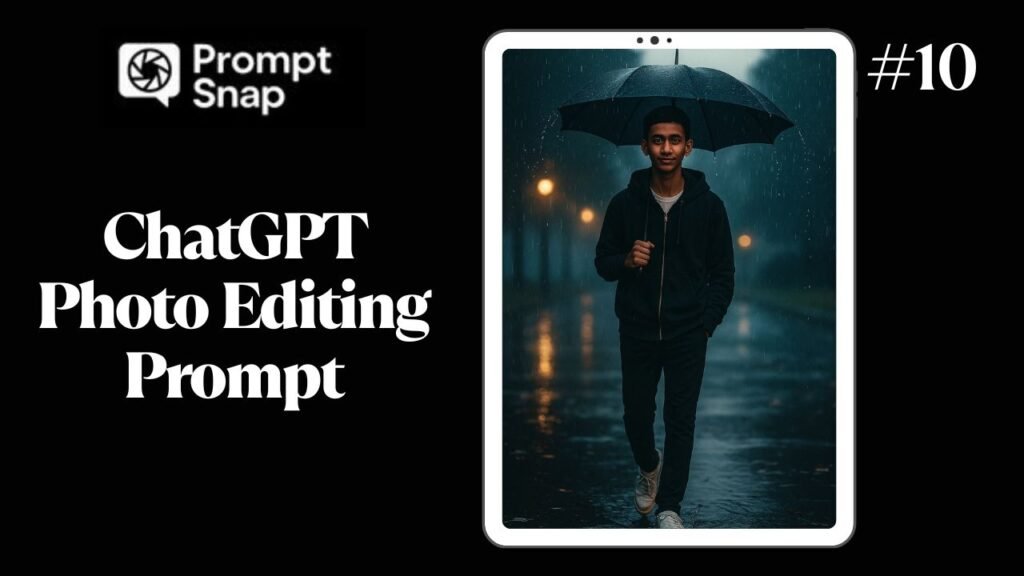 Walking in the rain with cinematic calm — AI photo edit with umbrella, fog, and golden light.