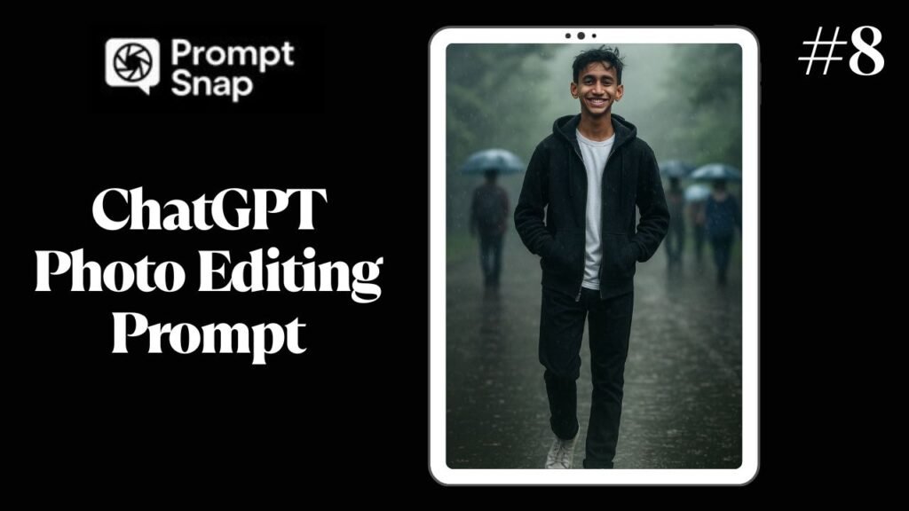 Promptsnap #8 ChatGPT Photo Editing Prompt - Cinematic Rain Portrait in a Foggy Park Scene