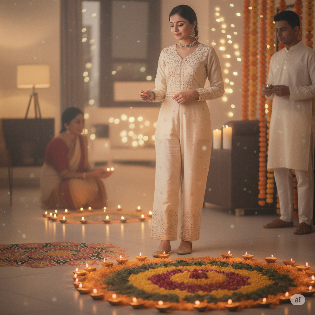 a modern living room with minimal decor — a small geometric rangoli and metallic diyas. Dress her in an elegant Indo-western jumpsuit with ethnic jewelry. Use soft white lighting to make it look like a clean, phone-captured Diwali