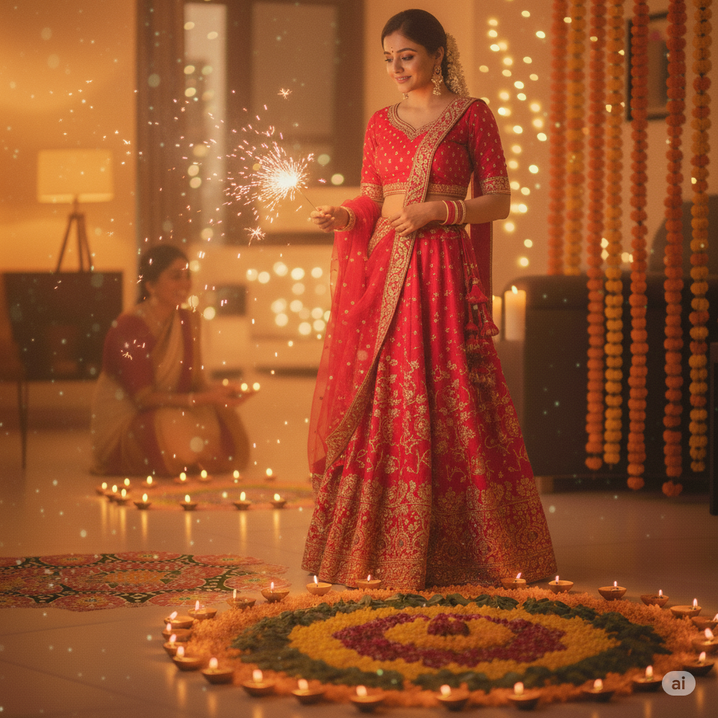 a bright red lehenga choli. Make her hold a sparkler near a rangoli with diyas glowing around. Add a soft festive sparkle and keep the overall look real, bright, and unfiltered — as if taken from a phone camera at night.