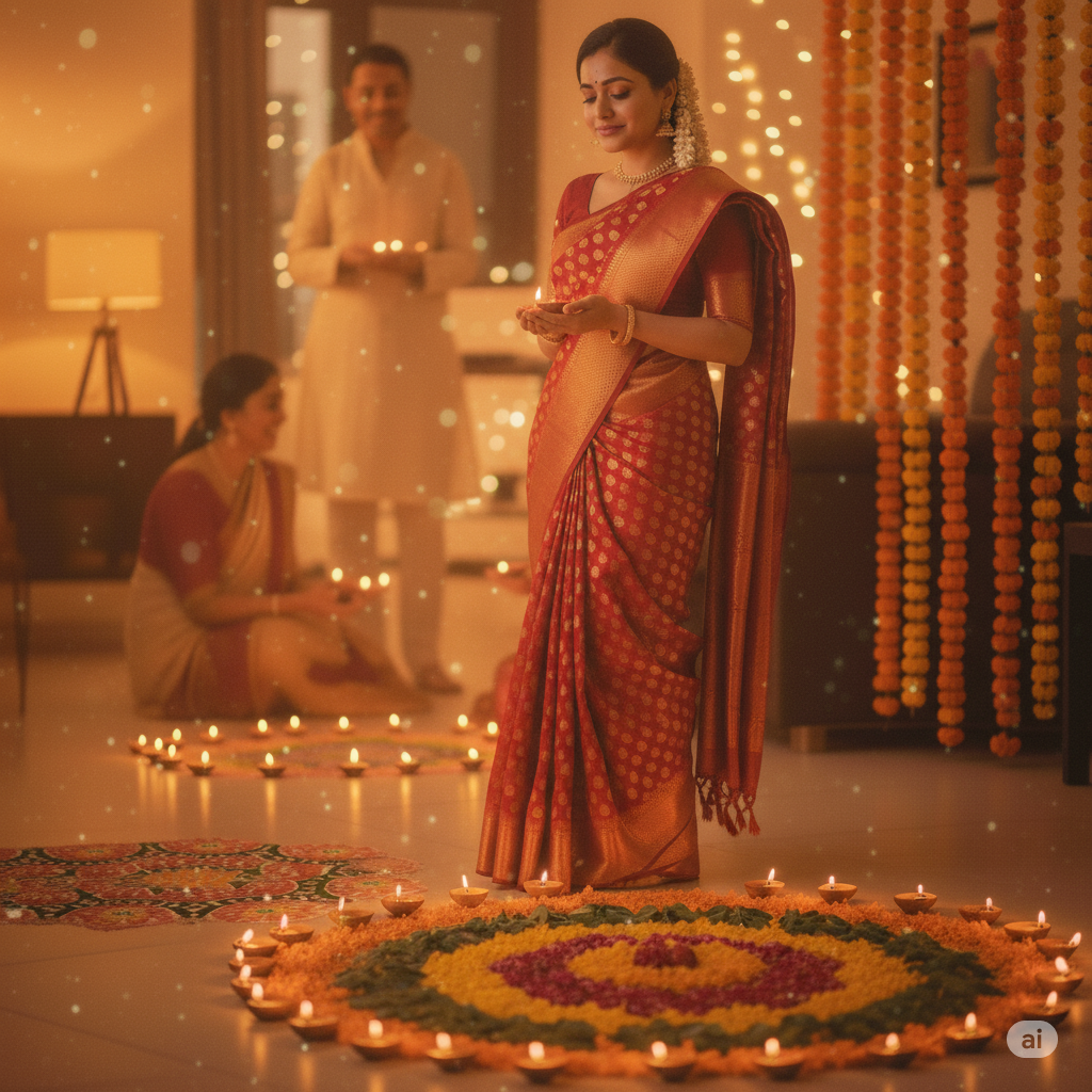 a traditional Kanjivaram saree with jasmine flowers in her hair. Decorate the floor with a floral rangoli and brass diyas. Add a golden hue lighting to mimic a phone-captured Diwali scene during the evening pooja.