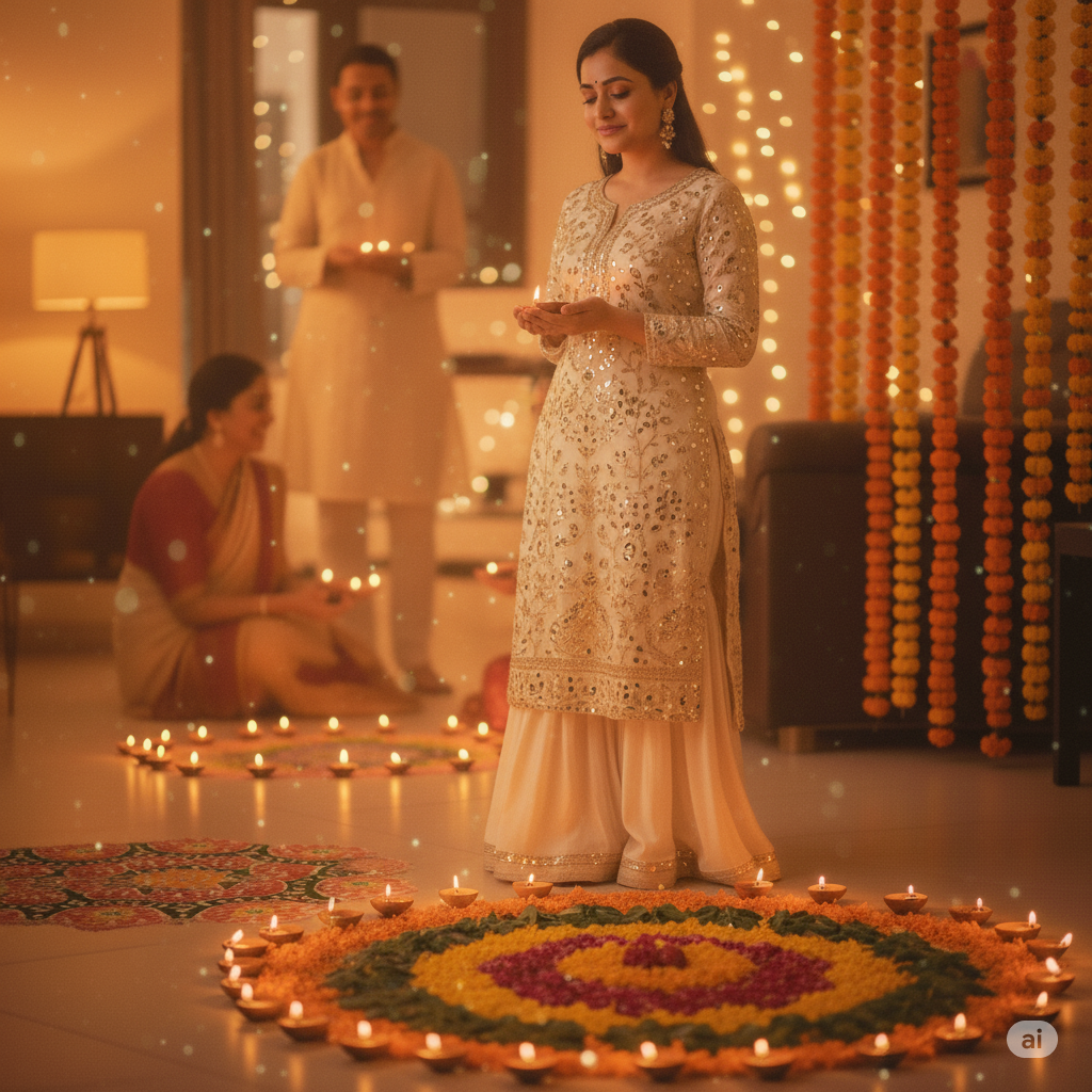 an Indo-western outfit — embroidered kurti with palazzo pants. Create a modern Diwali décor with glass diyas, pastel rangoli, and string lights. Add warm light reflections for a natural glow, maintaining a genuine phone camera vibe.