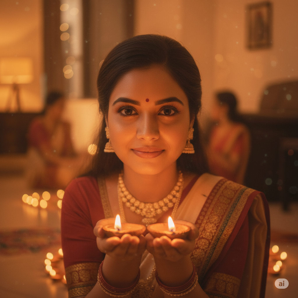a glowing diya in both hands, capturing the warm light reflection on her face. Ensure the lighting looks like a phone flash combined with natural diya glow. Keep the focus crisp on her face while the background remains softly blurred for authenticity.