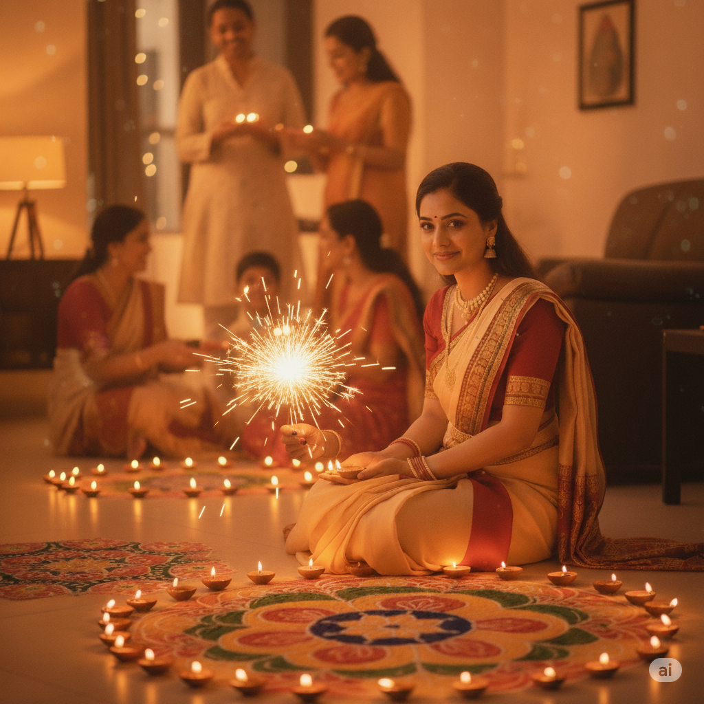 placing her in a home setting with a visible rangoli, diyas, and faint family members in the background. Capture her smiling softly at the camera with warm lighting. Keep the tones realistic, just like a candid photo clicked from a phone during Diwali night.