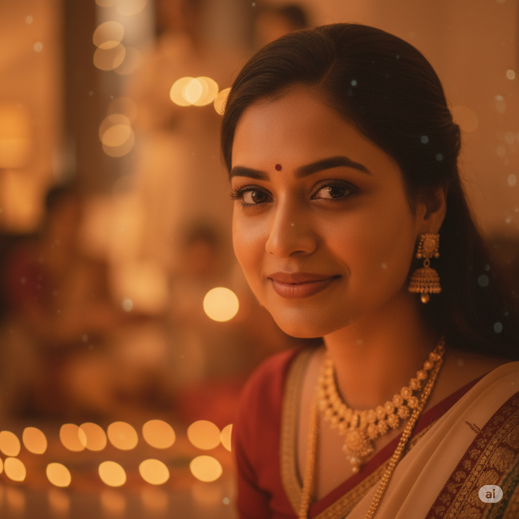 zoom in for a close-up shot of her face glowing in the light of a diya placed nearby. Add a subtle background of blurred rangoli colors. Keep her expression calm and natural, making it look like an intimate, phone-clicked festive portrait.