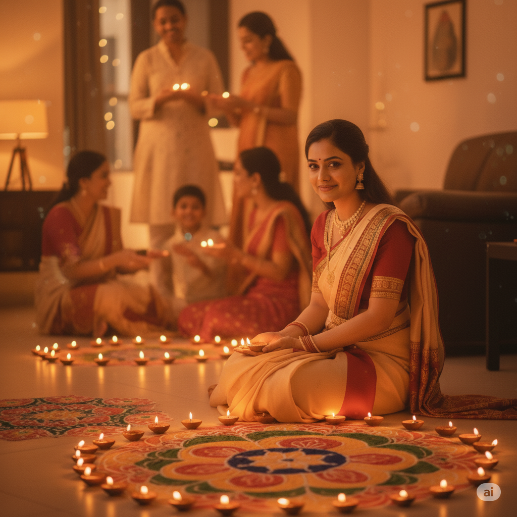 the lady sitting on the floor beside a rangoli, holding a small sparkler in one hand. Add realistic spark light reflections and warm festive tones. Ensure the image feels unfiltered and natural, just like a phone-captured celebration photo.