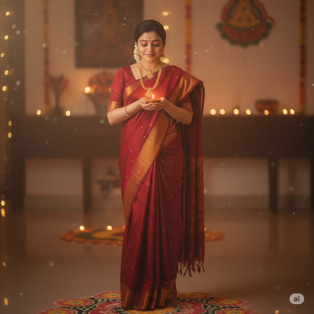 her stand elegantly in a traditional saree, holding a glowing diya close to her chest. Add soft orange lighting reflecting on her face and jewelry. Keep the background slightly blurred with faint rangoli patterns below. The overall photo should look naturally taken from a phone camera