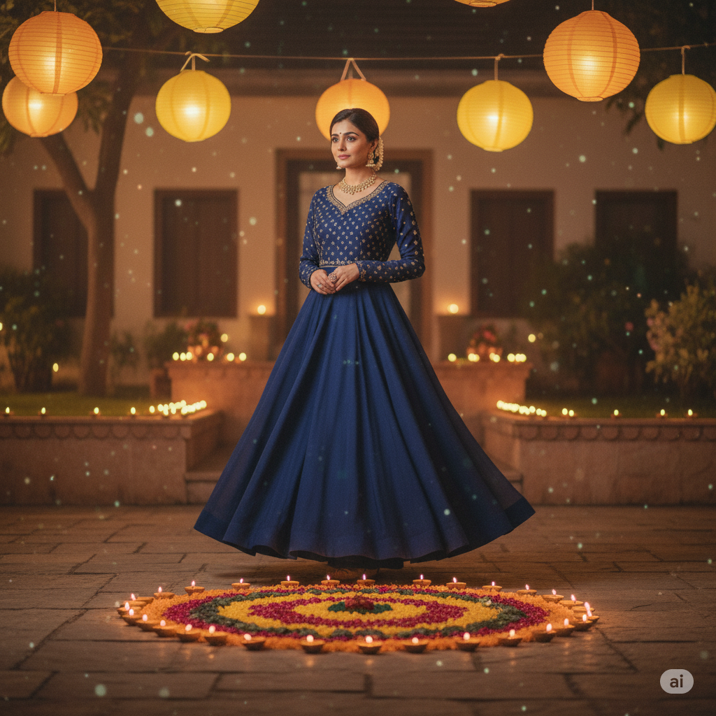 a royal festive appearance in a deep blue or wine-colored Anarkali Suit. Add marigold strings hanging behind and a large circular rangoli with diyas around it. Use golden ambient lighting to make it feel like a naturally clicked phone photo.