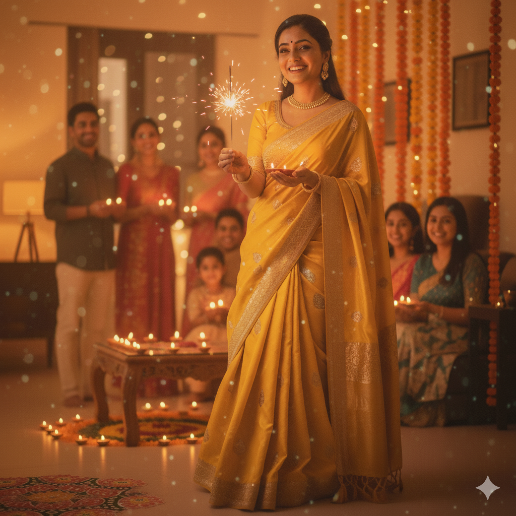 a beautiful woman dressed in a traditional yellow saree, celebrating Diwali joyfully. Add softly glowing diyas around her and warm fairy lights in the background to create a festive depth. Enhance the lighting to highlight her saree’s golden tones while keeping her skin tone natural. Ensure the image feels warm, authentic, and realistically clicked on a smartphone during Diwali celebrations.