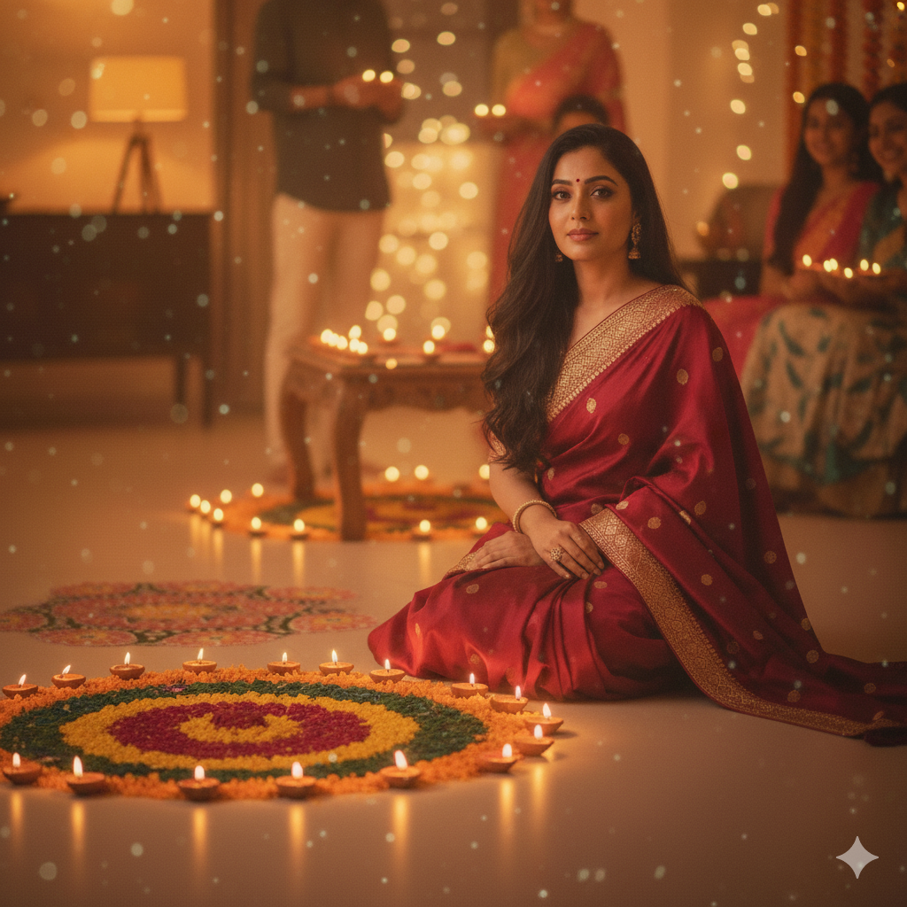 a woman wearing a stunning red saree with long, flowing hair, sitting gracefully beside a colorful rangoli surrounded by glowing diyas. Add a soft, warm Diwali light reflecting on her face for a festive glow. Keep the lighting realistic, colors natural, and background slightly blurred to give the photo a cozy, phone-captured Diwali vibe.
