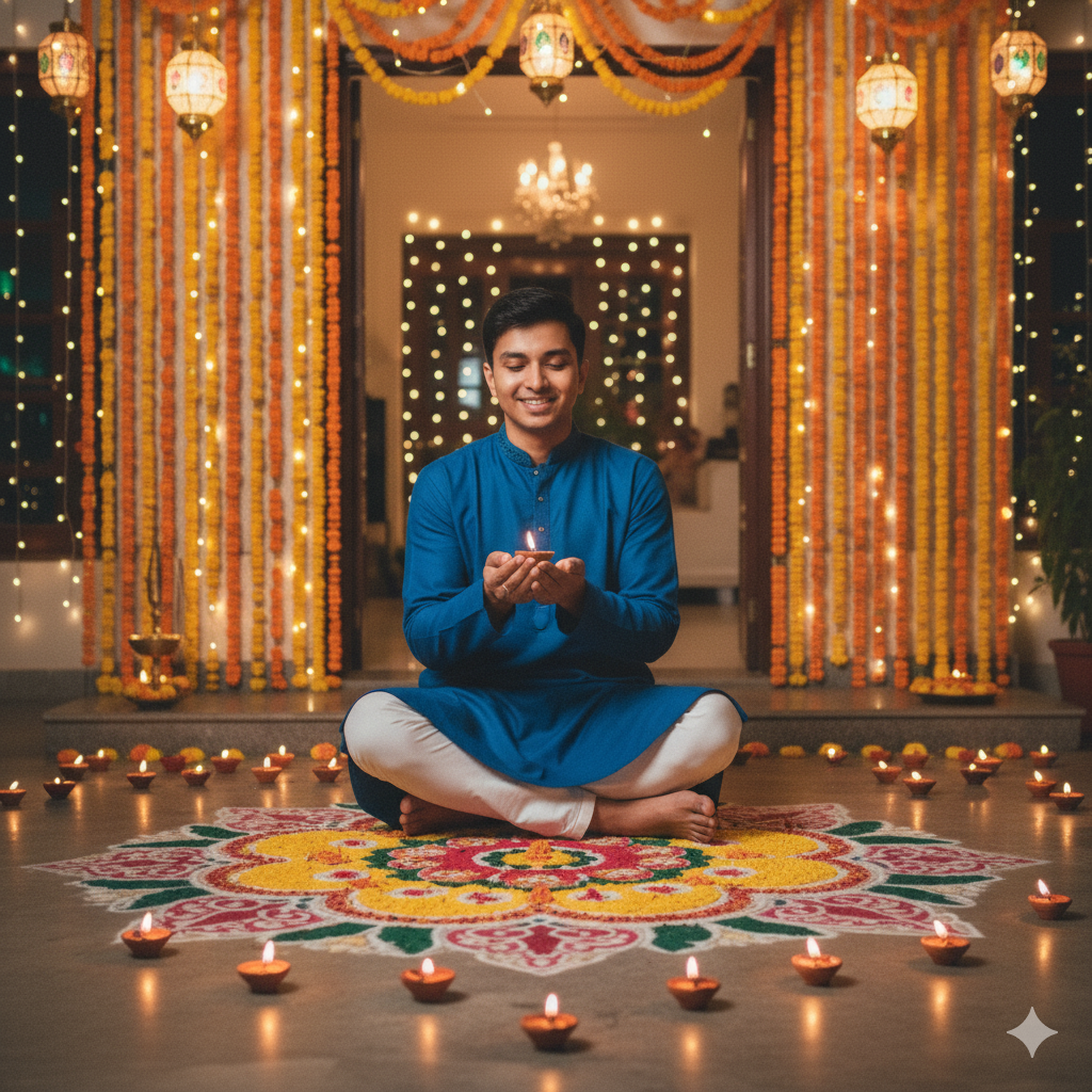 A young Indian man, 25 years old, sits gracefully on the floor outside his beautifully decorated home. He wears a vibrant blue kurta with white churidar. Around him, dozens of glowing diyas and a colorful rangoli brighten the scene. The background shimmers with festive Diwali décor—marigold garlands, twinkling lights, and elegant hanging lanterns. He gently holds a lit diya, his eyes reflecting warmth, happiness, and devotion. The overall mood is cozy, traditional, and deeply festive—capturing the true essence of an Indian Diwali evening.