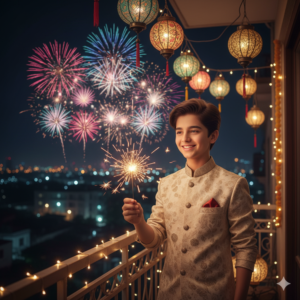 A 23-year-old Indian boy with sharp facial features and a fair complexion stands on a balcony beautifully adorned with fairy lights and paper lanterns. His wavy hair is neatly styled, and he’s dressed in an elegant sherwani outfit, In one hand, he holds a glowing sparkler (phuljhadi), smiling with natural joy as fireworks illuminate the night sky behind him. The cityscape twinkles in the distance, enhancing the festive Diwali atmosphere. His face appears detailed and expressive, capturing the true excitement and happiness of the celebration.
