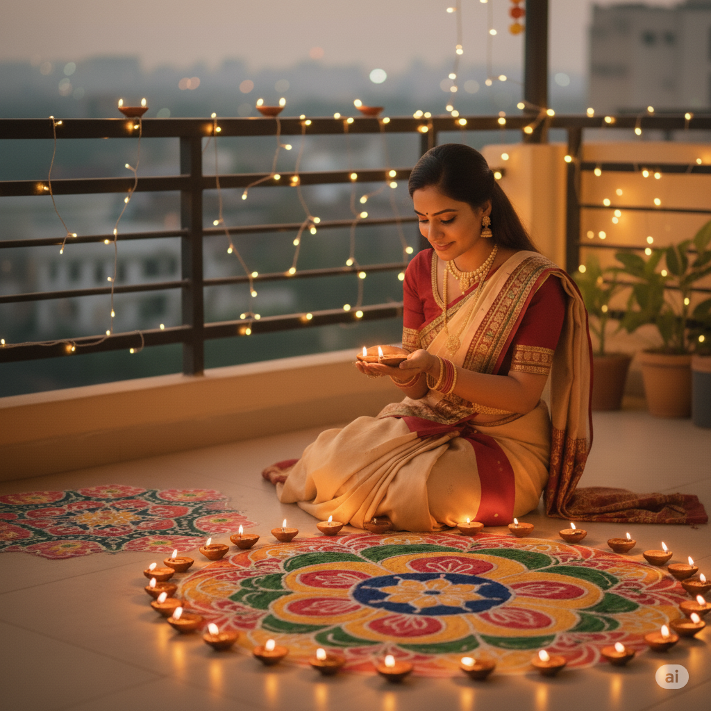 holding two diyas in both hands close to her face. The soft glow should illuminate her cheeks and eyes. Keep the background slightly dim with a visible rangoli pattern. The lighting must look natural and warm, resembling a real smartphone click.