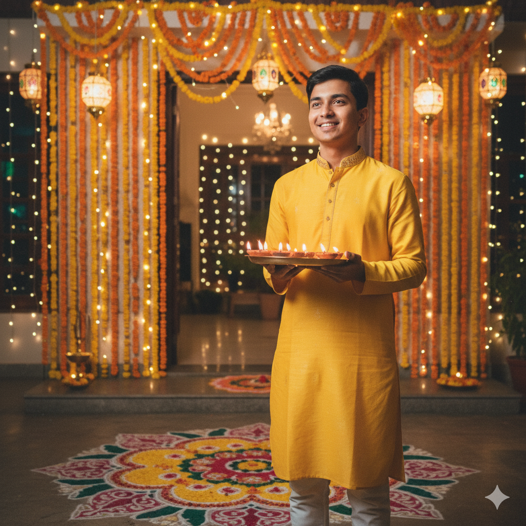 A 22-year-old Indian boy dressed in a yellow kurta pajama adorned with subtle golden embroidery stands outside his beautifully decorated home on Diwali night. In his hands, he holds a brass plate filled with glowing diyas that cast a soft golden light on his face. Behind him, the house glows with marigold garlands, fairy lights, and hanging lanterns. A bright rangoli decorates the ground near his feet