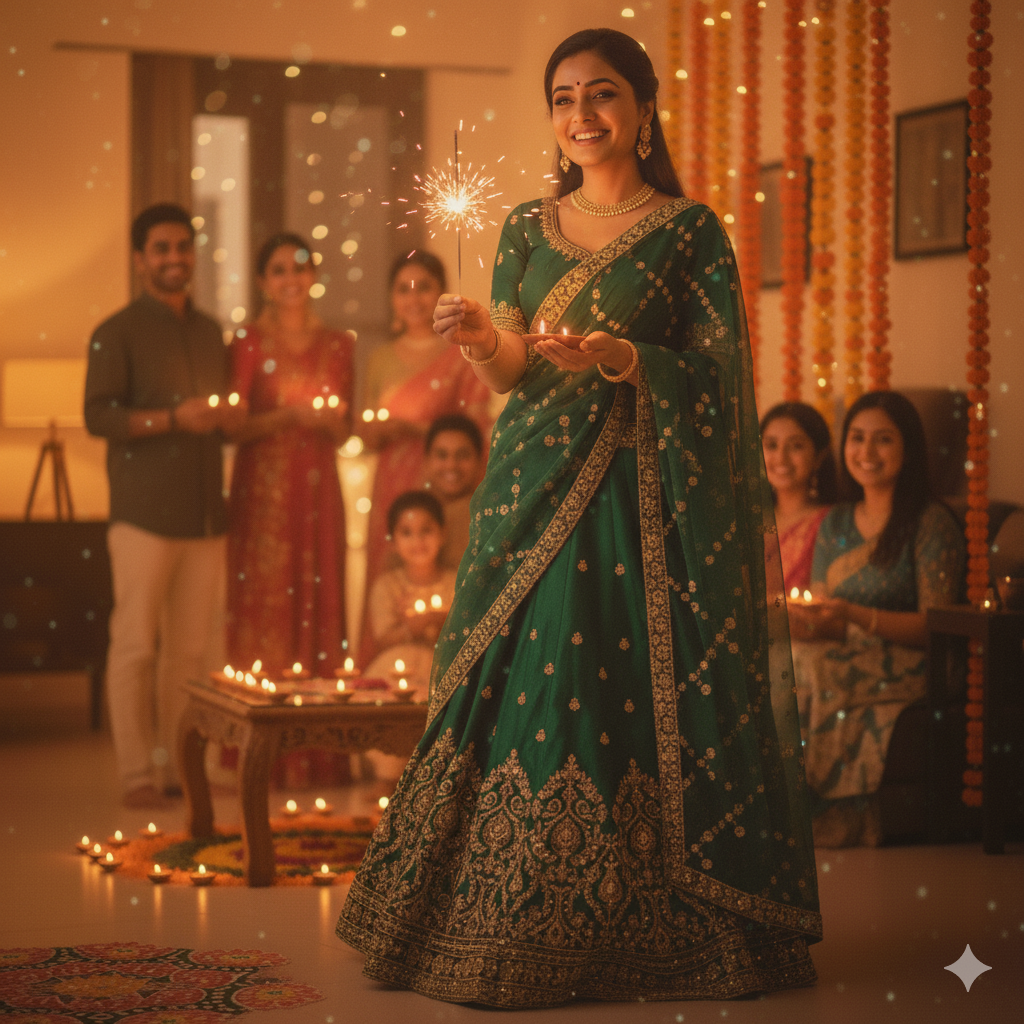 a beautiful woman posing with a lit phuljhari in her hand, dressed in elegant traditional attire. Add soft festive lighting with diyas glowing nearby and a warm family background celebrating Diwali together. Keep the textures natural and the expressions joyful, making the image look like a candid phone-clicked festive moment filled with warmth and togetherness.
