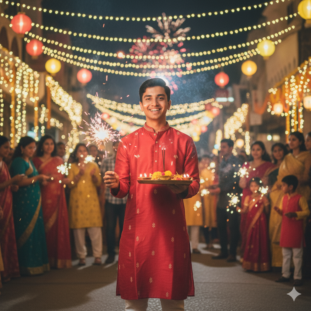 A 25 year old stylish young Indian boy in red kurta with white pajama , standing outside in a decorated street full of lights. He holds a puja thali in his hand, sparks flying around. His face looks natural and realistic with festive happiness in his eyes. Background full of people celebrating Diwali