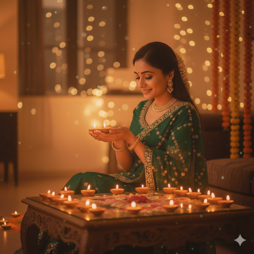 a beautiful woman indoors wearing a traditional lehenga with a delicate gajra adorning her hair. Surround her with glowing diyas on a decorated table, adding soft reflections of warm light on her face. Maintain natural festive tones and gentle shadows for an authentic atmosphere. Ensure the photo looks cozy, realistic, and naturally clicked on a phone during Diwali night.