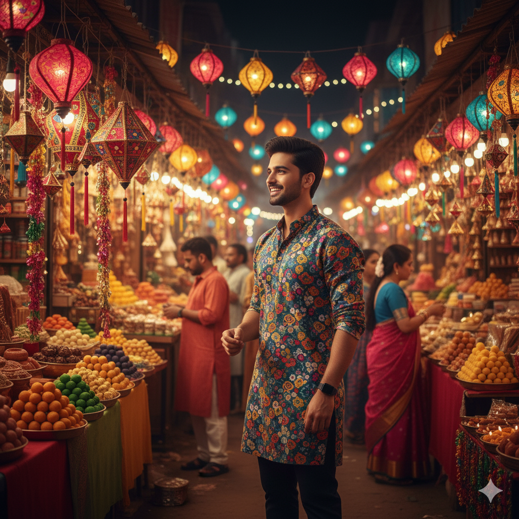 a person enjoying Diwali shopping at a traditional Indian bazaar. They wear festive shirt and pants, standing among colorful stalls filled with diyas, lanterns, sweets, and decorations. The scene is lively, with warm golden lighting, bustling shoppers, and a cheerful festive vibe. Rendered in cinematic tones with high-resolution detail, natural skin textures, and vibrant festival elements. The face should be exactly identical to the uploaded image.