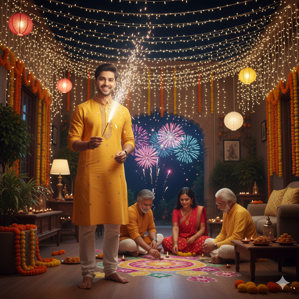 A 25-year-old Indian boy stands in a festive courtyard, holding a sparkling sparkler and smiling with genuine joy. Around him, his family—including parents and grandparents—are busy decorating the space with vibrant rangoli and lighting clay diyas. Marigold garlands drape the walls, and soft fairy lights create a warm, inviting glow. He wears a bright yellow kurta, clearly delighted as sparks dance from the sparkler.