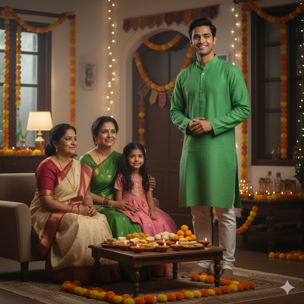 An Indian boy aged around 20-22, dressed in a simple green cotton kurta with pajama. He stand with his family in a room, where a table is filled with festive delights — laddus, barfi, and beautifully arranged diyas. The soft glow from the lamps casts a warm light on his skin and innocent, joyful smile. Behind him, the space is decorated with diyas, a colorful toran, and sparkling fairy lights that enhance the festive mood. The overall atmosphere feels homely, authentic, and full of Diwali spirit.