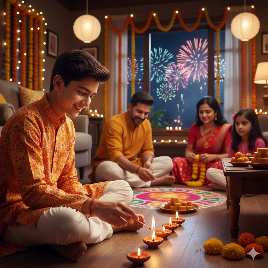 A young Indian boy, around 20 years old, sits on the living room floor, gently lighting small clay diyas for Diwali. The warm glow from the lamps illuminates his face, reflecting both excitement and concentration. In the background, his parents are busy creating a beautiful rangoli design while his younger sister watches with wide-eyed curiosity. The room sparkles with fairy lights, marigold garlands, and hanging lanterns, creating a cozy festive feel. A nearby table is filled with traditional Indian sweets like laddoos and barfis. Dressed in a colorful kurta pajama, the boy looks cheerful and absorbed in the celebration.