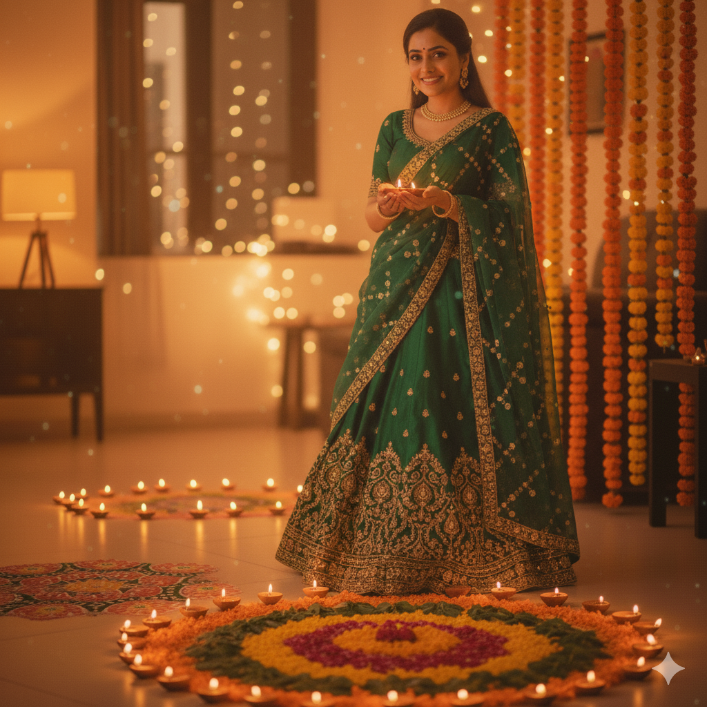 a beautiful woman wearing a vibrant green lehenga with golden embroidery. Add a soft, golden Diwali glow around her and place diyas near her hands and at her feet. Create a festive background filled with warm fairy lights and subtle bokeh effects. Keep her skin tone natural and the lighting warm, making the image look like it was genuinely captured on a phone during a cozy Diwali evening.