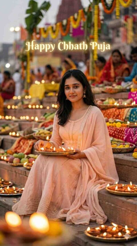 Gemini Chhath Puja Photo Prompts for Girl Sitting on Ghat Steps Evening Aarti