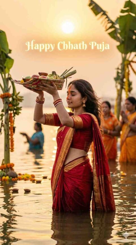 Gemini Chhath Puja Photo Prompts for Girl at Sunrise River Ritual
