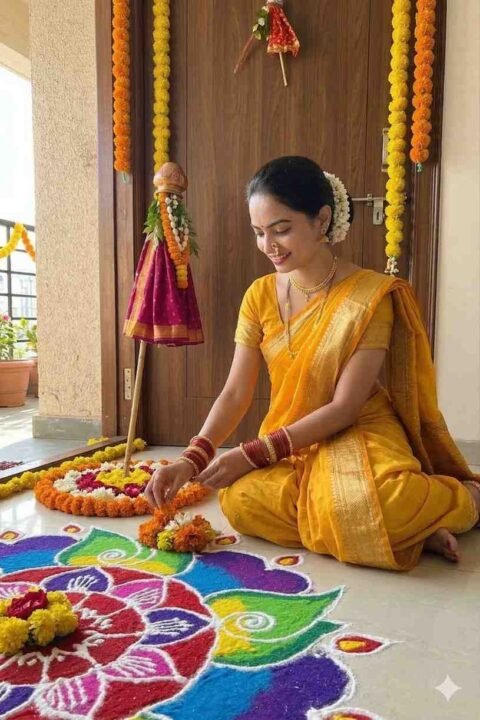 Gudi Padwa Prompt for Women Indoor Rangoli Festive Morning Photoshoot