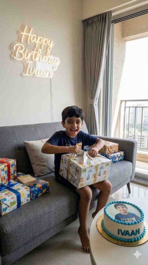 Gemini Prompt Boy: Ivaan Opening Presents Apartment Neon Sign Scene