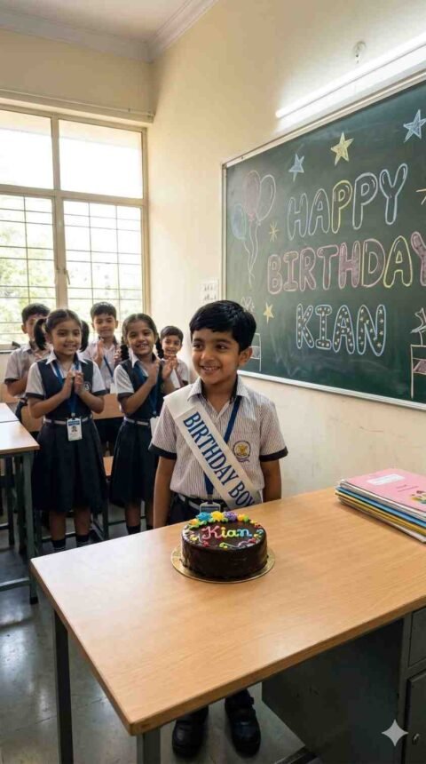 Gemini Prompt Boy: Kian School Classroom Birthday Celebration Scene