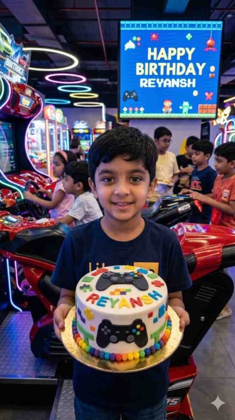Gemini Prompt Boy: Reyansh Arcade Gaming Center Birthday Scene