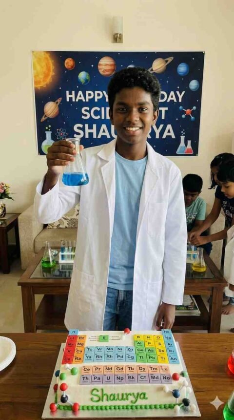 Shaurya Name Happy Birthday Gemini Prompt: Science Lab Theme Scene