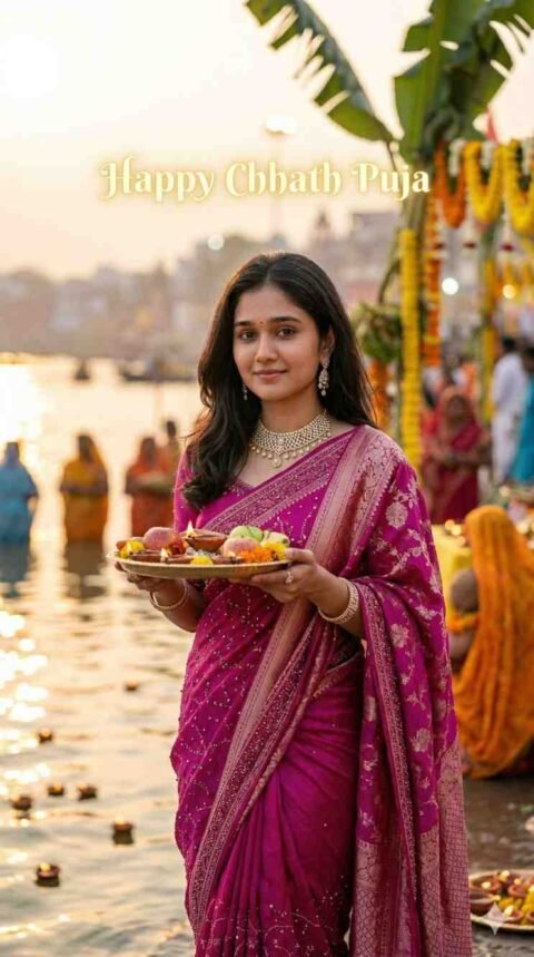 Gemini Chhath Puja Photo Prompts for Girl at Ganga Riverbank Golden Hour