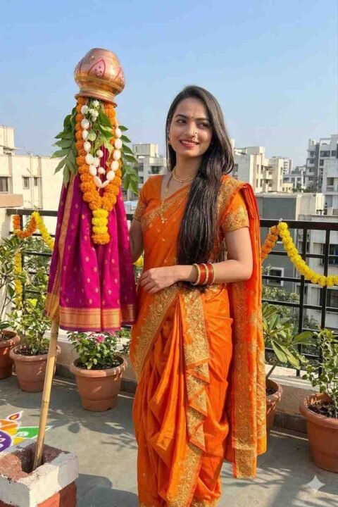 Gudi Padwa Prompt for Girl Instagram, Traditional Terrace Festive Photoshoot Idea