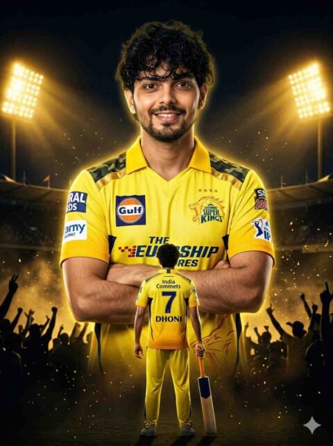 Gemini IPL Team photo editing prompt: CSK Jersey Dhoni 7 Champion Poster