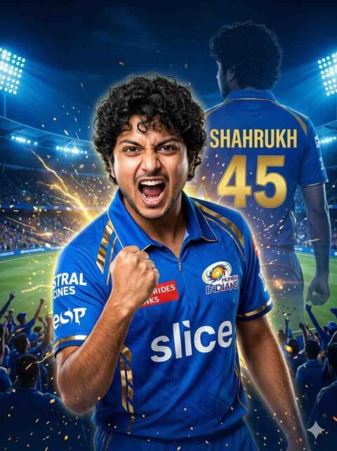 Gemini IPL Team photo editing prompt: MI Jersey Shahrukh 45 Victory Poster