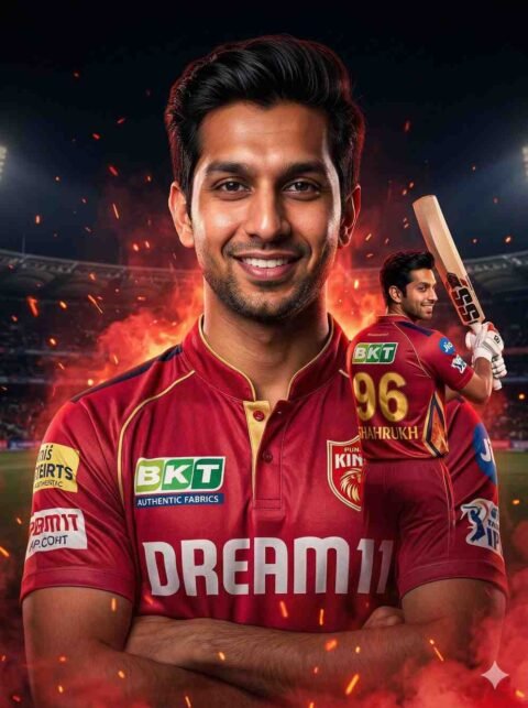 Gemini IPL Team photo editing prompt: PBKS Jersey Shahrukh 96 Fire Poster
