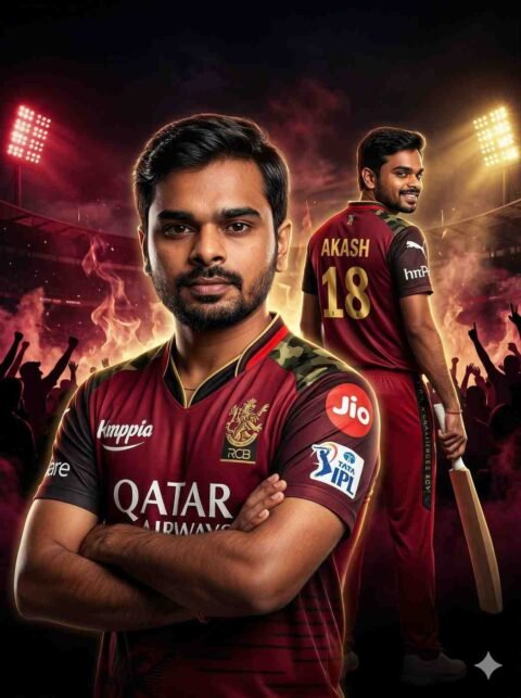 Gemini IPL Team photo editing prompt: RCB Jersey Akash 18 Fire Energy Poster