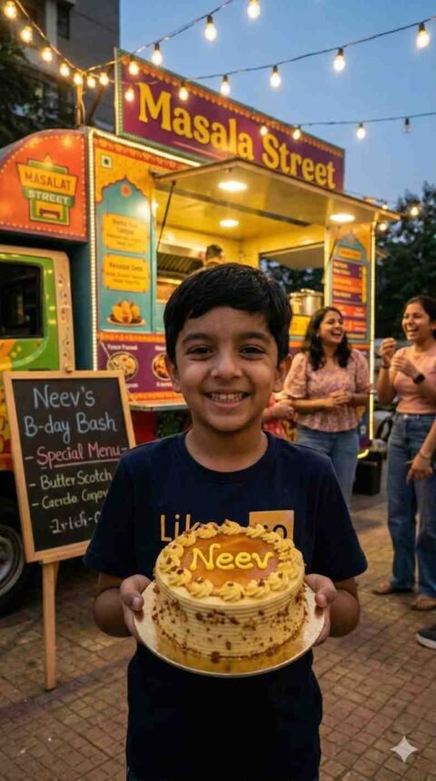 Gemini Prompt Boy: Neev Food Truck Birthday Scene Realistic Photo