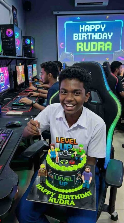 Rudra Name Happy Birthday Gemini Prompt: Gaming Lounge Birthday Scene