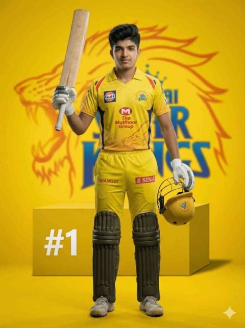CSK Cricket Cinematic Photo Prompt – Bat Raise Victory Pose Ultra Realistic DSLR Poster