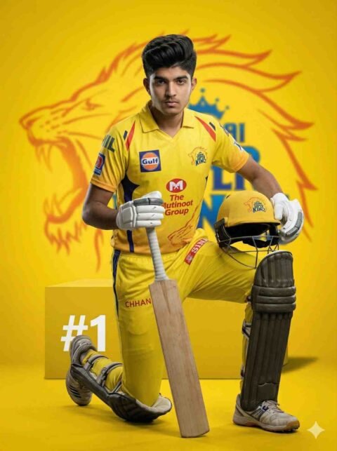 CSK Cricket Cinematic Photo Prompt – Ultra Realistic Kneeling Pose DSLR Cricket Poster Prompt