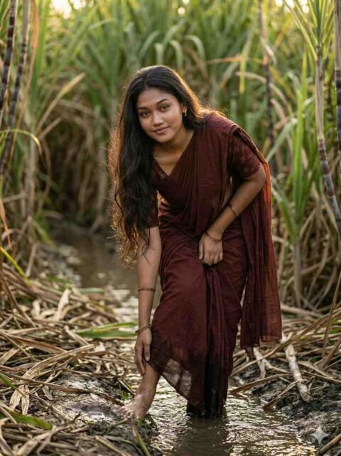 Ultra Realistic Rural Indian Woman Portrait in Sugarcane Field – 8K Cinematic Prompt | Focus keyword