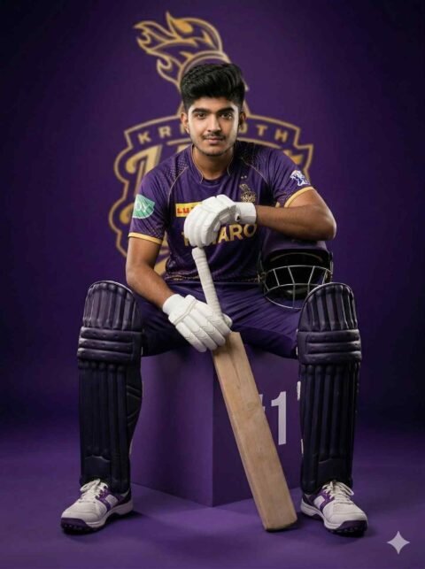 KKR Cricket Cinematic Photo Prompt – Side Seated Royal Pose Ultra Realistic DSLR Poster