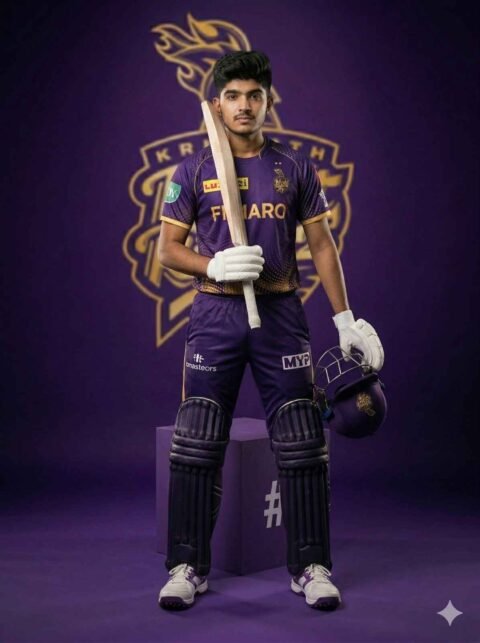 KKR Cricket Cinematic Photo Prompt – Bat Command Pose Ultra Realistic DSLR Poster