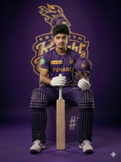 KKR Cricket Cinematic Photo Prompt – Helmet Focus Pose Ultra Realistic DSLR Poster