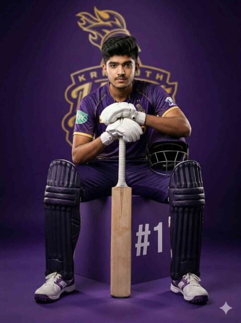 KKR Cricket Cinematic Photo Prompt – Forward Lean King Pose Ultra Realistic DSLR Poster