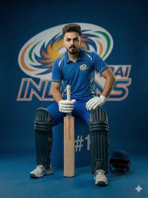 MI Cricket Cinematic Photo Prompt – One Hand Dominance Pose Ultra Realistic DSLR Poster